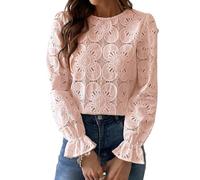 Women's Floral Lace Long Sleeve Blouse Spring Summer Casual Eyelet Cropped Top with Ruffle Cuffs Hollow Out Round Neck Shirt for Daily Wear