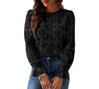 Women's Floral Lace Long Sleeve Blouse Spring Summer Casual Eyelet Cropped Top with Ruffle Cuffs Hollow Out Round Neck Shirt for Daily Wear