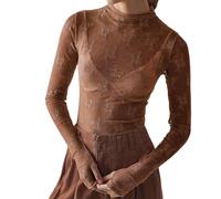 Women's Floral Lace Thumb Hole Sheer, Sexy See Through Tee, Casual Lightweight Mock Neck Long Sleeve T-Shirt (Brown,TG)