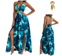 Women's Floral Print Chain Decor Split Thigh Tie Back Cami Dress,Ring Linked Halter Backless Maxi Dress,Summer Beach Dresses (FR/ES, Alpha/Lettres, 4TG, Taille Normale, Taille Normale, Blue)