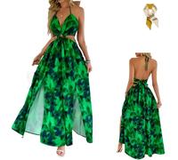 Women's Floral Print Chain Decor Split Thigh Tie Back Cami Dress,Ring Linked Halter Backless Maxi Dress,Summer Beach Dresses (FR/ES, Alpha/Lettres, S, Taille Normale, Taille Normale, Green)