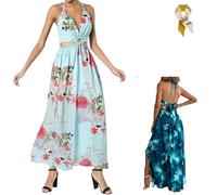 Women's Floral Print Chain Decor Split Thigh Tie Back Cami Dress,Ring Linked Halter Backless Maxi Dress,Summer Beach Dresses (FR/ES, Alpha/Lettres, 3TG, Taille Normale, Taille Normale, Light Blue)