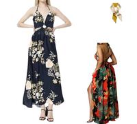 Women's Floral Print Chain Decor Split Thigh Tie Back Cami Dress,Ring Linked Halter Backless Maxi Dress,Summer Beach Dresses (FR/ES, Alpha/Lettres, TTG, Taille Normale, Taille Normale, Black)