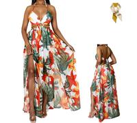 Women's Floral Print Chain Decor Split Thigh Tie Back Cami Dress,Ring Linked Halter Backless Maxi Dress,Summer Beach Dresses (FR/ES, Alpha/Lettres, S, Taille Normale, Taille Normale, White)
