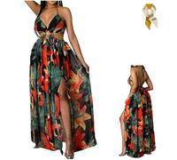 Women's Floral Print Chain Decor Split Thigh Tie Back Cami Dress,Ring Linked Halter Backless Maxi Dress,Summer Beach Dresses (FR/ES, Alpha/Lettres, M, Taille Normale, Taille Normale, Dark Green)