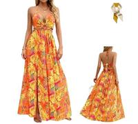 Women's Floral Print Chain Decor Split Thigh Tie Back Cami Dress,Ring Linked Halter Backless Maxi Dress,Summer Beach Dresses (FR/ES, Alpha/Lettres, TG, Taille Normale, Taille Normale, Orange)