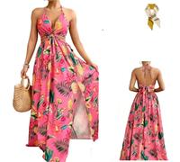 Women's Floral Print Chain Decor Split Thigh Tie Back Cami Dress,Ring Linked Halter Backless Maxi Dress,Summer Beach Dresses (FR/ES, Alpha/Lettres, S, Taille Normale, Taille Normale, Pink)