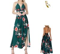 Women's Floral Print Chain Decor Split Thigh Tie Back Cami Dress,Summer Ring Linked Halter Backless Split Beach Maxi Dress (FR/ES, Alpha/Lettres, L, Taille Normale, Taille Normale, Dark Green)