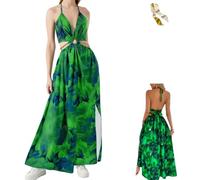 Women's Floral Print Chain Decor Split Thigh Tie Back Cami Dress,Summer Ring Linked Halter Backless Split Beach Maxi Dress (FR/ES, Alpha/Lettres, TG, Taille Normale, Taille Normale, Green)