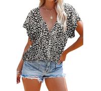 Women's Floral Print Short Sleeve V Neck Button Down Blouse Summer Casual Boho Half Placket Ruffle Tops for Vacation Beach Party Wear