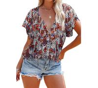 Women's Floral Print Short Sleeve V Neck Button Down Blouse Summer Casual Boho Half Placket Ruffle Tops for Vacation Beach Party Wear
