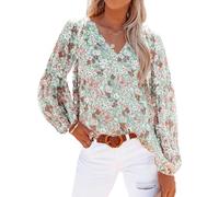 Women's Floral Print V Neck Blouse Long Lantern Sleeve Casual Spring Summer Tops Boho Chic Lightweight Shirt for Ladies Girls Daily