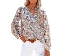 Women's Floral Print V Neck Blouse Long Lantern Sleeve Casual Spring Summer Tops Boho Chic Lightweight Shirt for Ladies Girls Daily