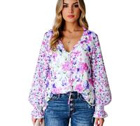 Women's Floral Print V Neck Blouse Long Sleeve Lantern Sleeve Tie Front Flowy Chiffon Shirt Casual Boho Summer Top for Ladies Spring Vacation