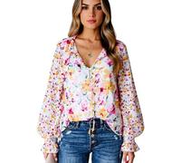 Women's Floral Print V Neck Blouse Long Sleeve Lantern Sleeve Tie Front Flowy Chiffon Shirt Casual Boho Summer Top for Ladies Spring Vacation