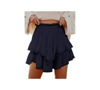 Women's Floral Shorts High Waisted Pleated Mini Skirt Y2K,Layered Bohemian Floral Skirt with Ruffled Edges, Swaying in Summer (Navy Blue,S)