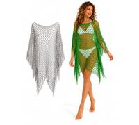 Womens Fringe Mesh Swimsuit Cover Up, Hollow Out Crochet Beach Poncho Pullover, Sheer Bikini Coverups (2pcs-A,one_size)