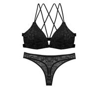 Womens Front Closure Push Up Strappy Lace Bra & Panty Set, Triangle Deep V Crisscross Back, 34B Burgundy(Black,34)