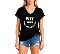 Women's Funny Wine Tasting V Neck T Shirt Cute WTF Wine Tasting Friends Graphic Tee Short Sleeve Casual Summer Top for Girls Ladies Red Knot Hem