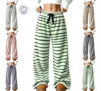 Womens Fuzzy Striped Wide Leg Loungewear Pants,Drawstring Flannel Pant | Soft Baggy Pattern Casual Bottoms Fuzzy Pajama Pants High Waisted Flowy Trousers Suitable for wearing at home or out