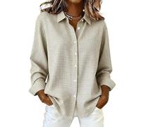 Womens Gingham Button Down Shirt Long Sleeve Collared Casual Blouse (Khaki,4TG)