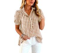 Women's Gingham Plaid Short Sleeve Blouse Puff Sleeve Ruffle Collar Button Down Casual Summer Top Loose Fit Shirt for Daily Wear Work