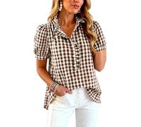 Women's Gingham Plaid Short Sleeve Blouse Puff Sleeve Ruffle Collar Button Down Casual Summer Top Loose Fit Shirt for Daily Wear Work