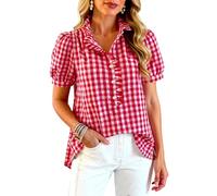 Women's Gingham Plaid Short Sleeve Blouse Puff Sleeve Ruffle Collar Button Down Casual Summer Top Loose Fit Shirt for Daily Wear Work
