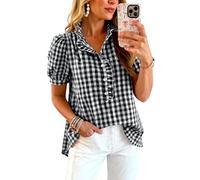 Women's Gingham Plaid Short Sleeve Blouse Puff Sleeve Ruffle Collar Button Down Casual Summer Top Loose Fit Shirt for Daily Wear Work
