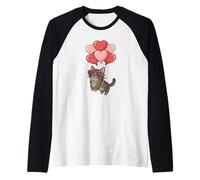 Womens Girls Valentines Day Heart Balloons Brown Tabby Cat Manche Raglan