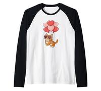 Womens Girls Valentines Day Heart Balloons Orange Tabby Cat Manche Raglan