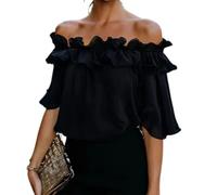 Womens Going Out Tops Off Shoulder Ruffle Short Sleeve Solid Color Blouse (Black,S)