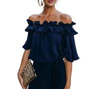 Womens Going Out Tops Off Shoulder Ruffle Short Sleeve Solid Color Blouse (Dark Blue,TG)