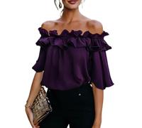 Womens Going Out Tops Off Shoulder Ruffle Short Sleeve Solid Color Blouse (Purple,M)