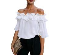 Womens Going Out Tops Off Shoulder Ruffle Short Sleeve Solid Color Blouse (White,TG)