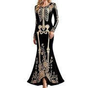 Women's Gothic Halloween Dress Skeleton Velvet Floral Print Stretch Costume | Soft Stretch Fabric, Floral Bone Design, Comfortable Fit For Halloween Parties, Costume Events And Gothic-Themed Gatherings