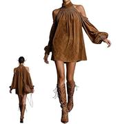 Womens Half High Neck Hanging Neck Suede Lantern Sleeves Off Shoulder Mini Skirt, Retro Casual Loose Mini A-Line Dress (Camel,M)
