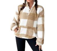Womens Half Zip Pullover Plaid Fleece Cropped Sweatshirt with Front Pocket (Apricot,4TG)