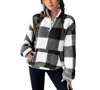 Womens Half Zip Pullover Plaid Fleece Cropped Sweatshirt with Front Pocket (Black,TG)