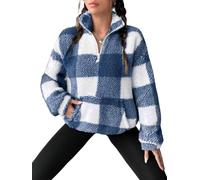 Womens Half Zip Pullover Plaid Fleece Cropped Sweatshirt with Front Pocket (Blue,5TG)