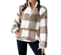 Womens Half Zip Pullover Plaid Fleece Cropped Sweatshirt with Front Pocket (Brown,TTG)