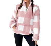 Womens Half Zip Pullover Plaid Fleece Cropped Sweatshirt with Front Pocket (Pink,5TG)