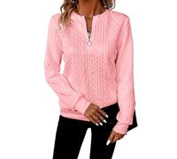 Women's Half Zip Quilted Sweatshirts Crew Neck Long Sleeve Pullover Solid Casual Fashion Textured Fall Sweaters (Pink,TG)