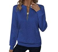 Women's Half Zip Quilted Sweatshirts Crew Neck Long Sleeve Pullover Solid Casual Fashion Textured Fall Sweaters (Blue,TG)