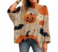 Women's Halloween Pumpkin Print Long Sleeve Knit Top, Spooky Pumpkin Face Sweater, Halloween Sweaters for Women, Fall Sweaters for Women, Casual Loose Pullover Top, Bat Witch Pullover (Grand)