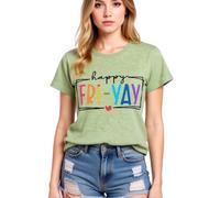 Women's Happy Fri Yay Graphic Tee Summer Casual Short Sleeve Cotton T-Shirt Funny Teacher School End of Week Top Olive Green Crewneck Blouse