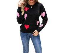 Women's Heart Print Pullover - Valentine's Day Oversized Y2K Knit Top for Casual & Festive Wear
