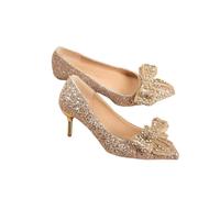 Women's High Heels Butterfly Embellished Pointed Toe Evening Party Shoes Gold Sequin Sparkling Crystal Wedding(Gold 6cm,36)