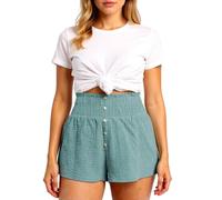 Women's High Waisted Paperbag Waist Shorts Summer Casual Button Front Crinkle Gauze Shorts Loose Fit Beach Vacation Hot Pants White