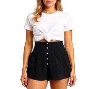 Women's High Waisted Paperbag Waist Shorts Summer Casual Button Front Crinkle Gauze Shorts Loose Fit Beach Vacation Hot Pants White
